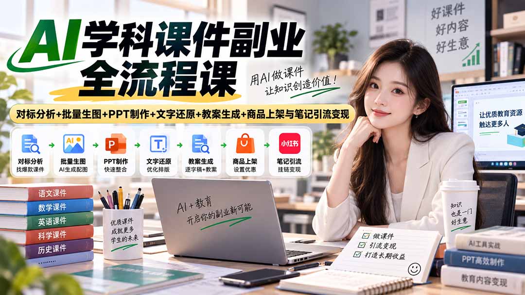 (20469期)AI学科课件副业全流程课|对标分析+批量生图+PPT制作+文字还原+教案生成+商品上架与笔记引流变现