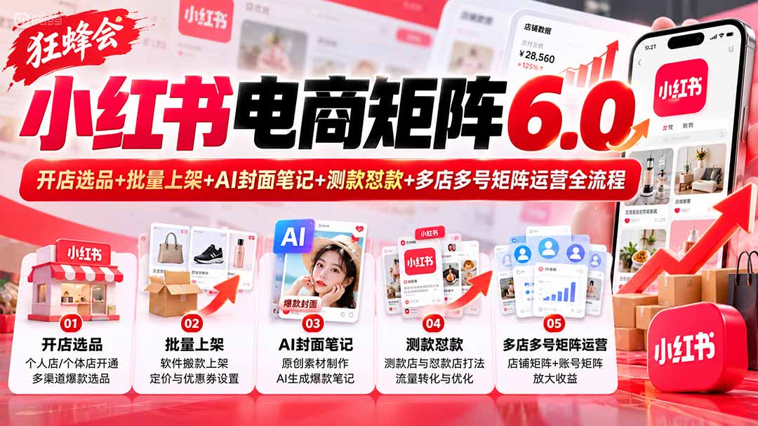(20732期)【无水印】狂蜂会小红书电商矩阵6.0:开店选品+批量上架+AI封面笔记+测款怼款+多店多号矩阵运营全流程