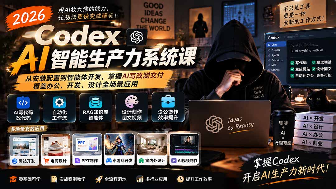 (20535期)2026 Codex AI智能生产力系统课-更新|从安装配置到智能体开发,掌握AI写改测交付,覆盖办公、开发、设计全场景应用