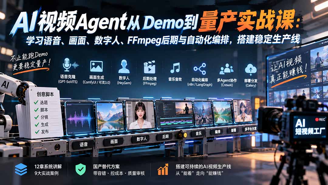 (20451期)AI视频Agent从Demo到量产实战课:学习语音、画面、数字人、FFmpeg后期与自动化编排,搭建稳定生产线