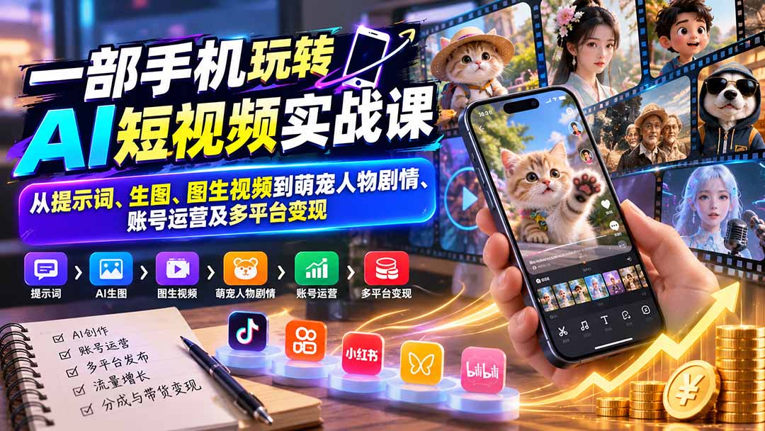 （20663期）一部手机玩转AI短视频实战课：从提示词、生图、图生视频到萌宠人物剧情、账号运营及多平台变现