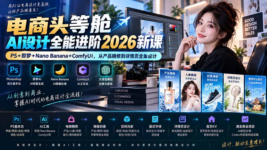 （20284期）电商头等舱AI设计全能进阶2026新课：PS+即梦+Nano Banana+ComfyUI，从产品精修到详情页全案设计
