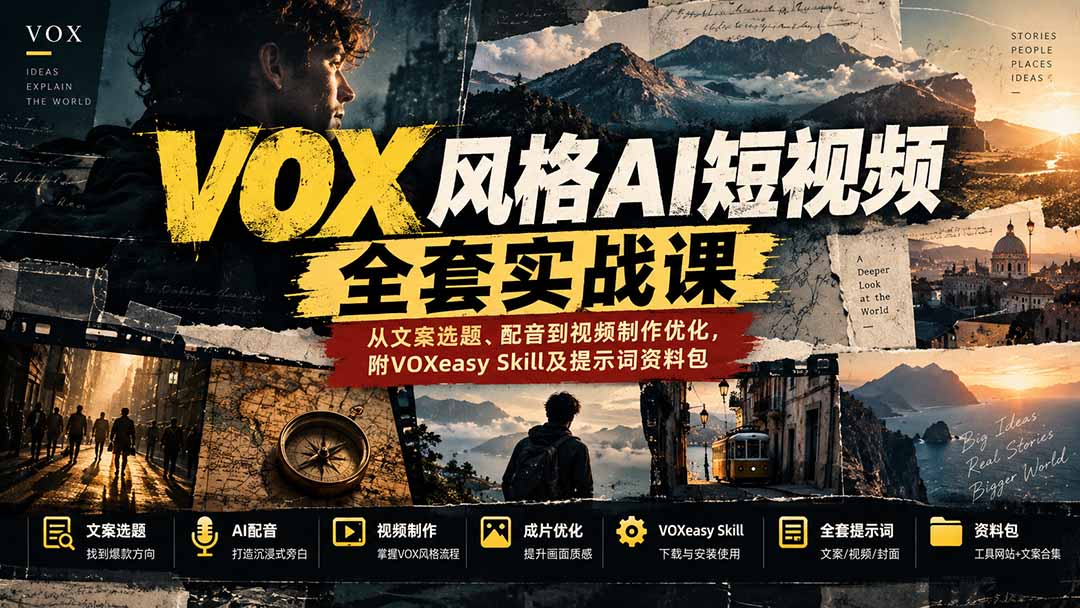 (20677期)【无水印】VOX风格AI短视频全套实战课:从文案选题、配音到视频制作优化,附VOXeasy Skill及提示词资料包