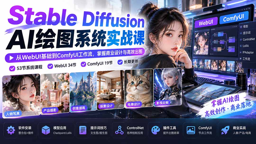 (20678期)Stable Diffusion AI绘图系统实战课:从WebUI基础到ComfyUI工作流,掌握商业设计与高效出图