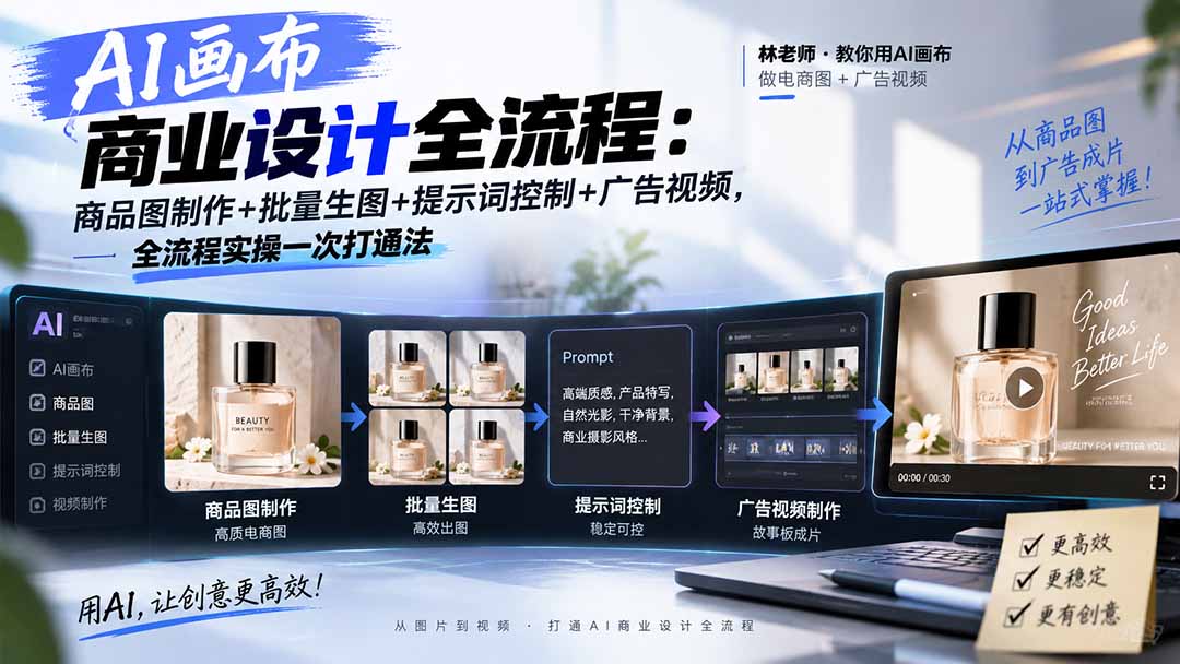 （20576期）AI画布商业设计全流程：商品图制作+批量生图+提示词控制+广告视频，全流程实操一次打通法