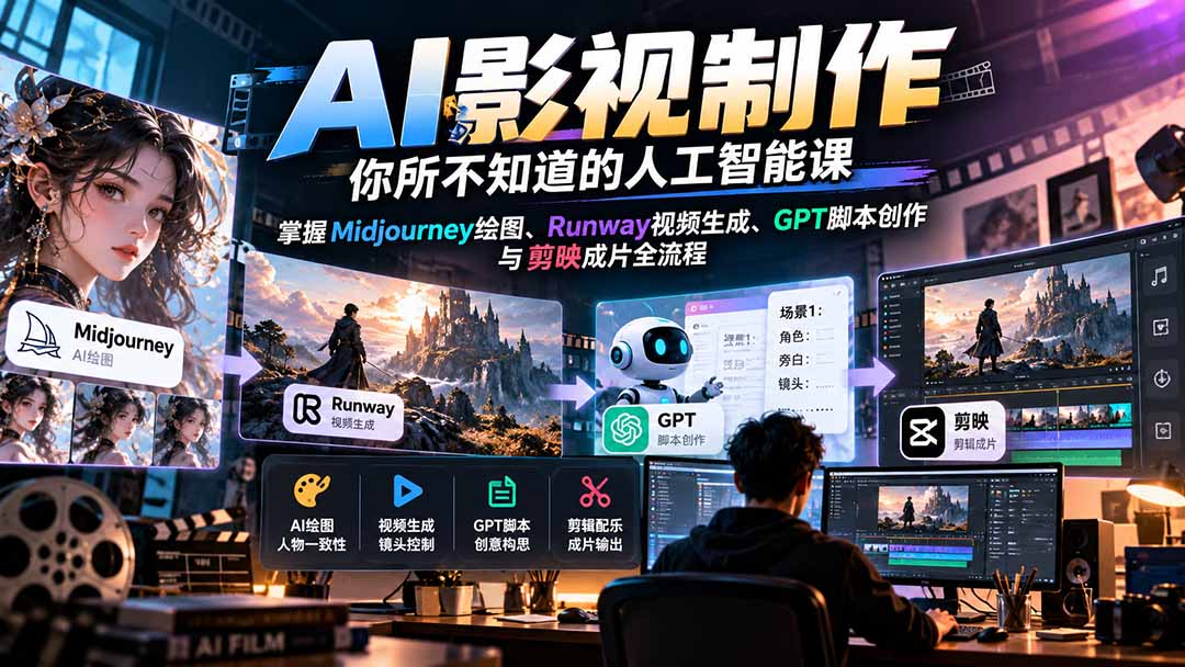（20681期）AI影视制作-你所不知道的人工智能课，掌握Midjourney绘图、Runway视频生成、GPT脚本创作与剪映成片全流程