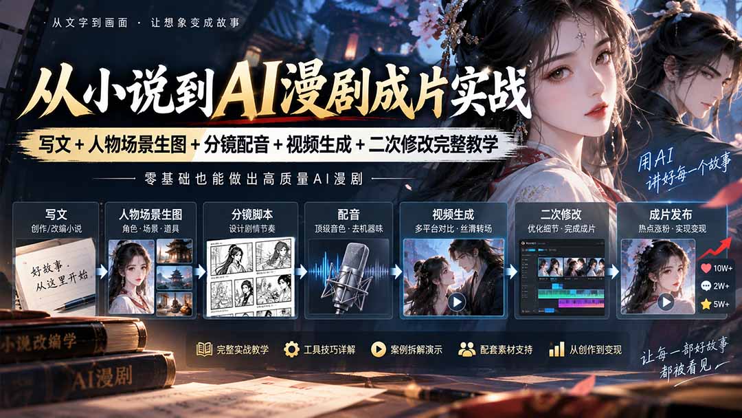 （20577期）从小说到AI漫剧成片实战：写文+人物场景生图+分镜配音+视频生成+二次修改完整教学