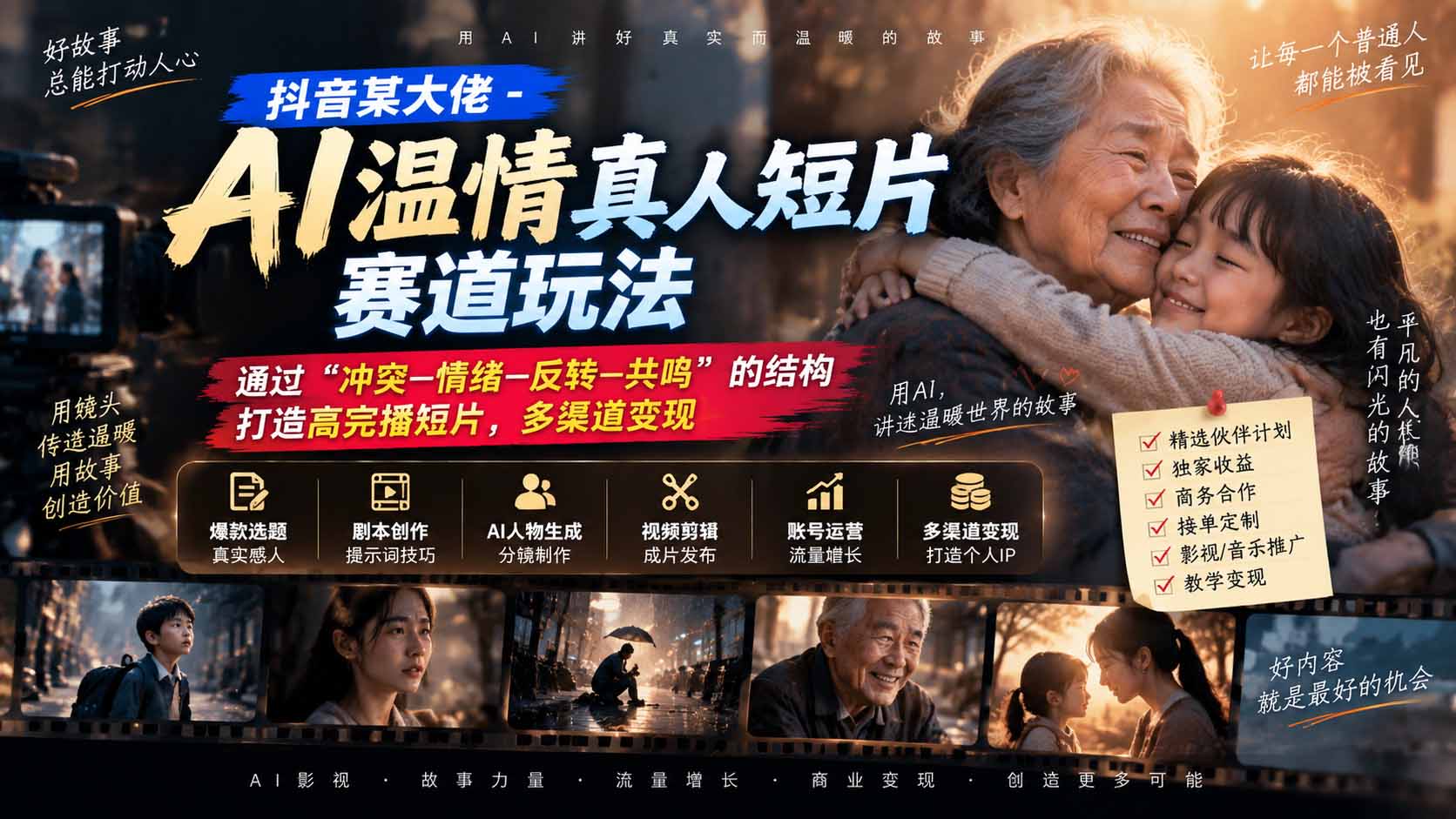 (20538期)抖音某大佬-AI温情真人短片赛道玩法:通过“冲突—情绪—反转—共鸣”的结构打造高完播短片,多渠道变现