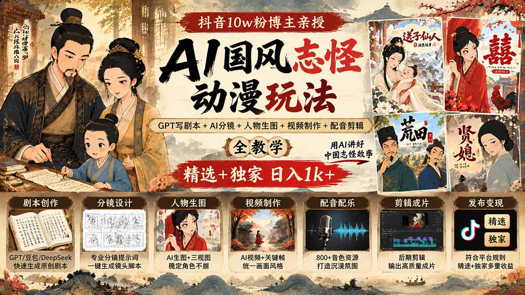 (20538期)抖音10w粉博主亲授AI国风志怪动漫玩法|GPT写剧本+AI分镜+人物生图+视频制作+配音剪辑全教学|精选+独家日入1k+