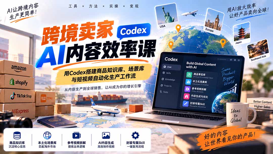（20595期）跨境卖家AI内容效率课：用Codex搭建商品知识库、场景库与短视频自动化生产工作流