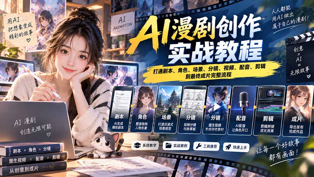 (20597期)2026 AI漫剧创作实战教程:打通剧本、角色、场景、分镜、视频、配音、剪辑到最终成片完整流程