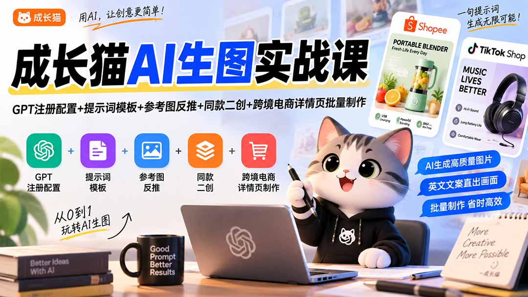 (20482期)成长猫AI生图实战课|GPT注册配置+提示词模板+参考图反推+同款二创+跨境电商详情页批量制作