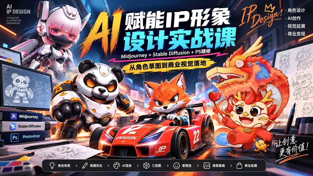 (20552期)AI赋能IP形象设计实战课-无水印:Midjourney+Stable Diffusion+PS精修,从角色草图到商业视觉落地