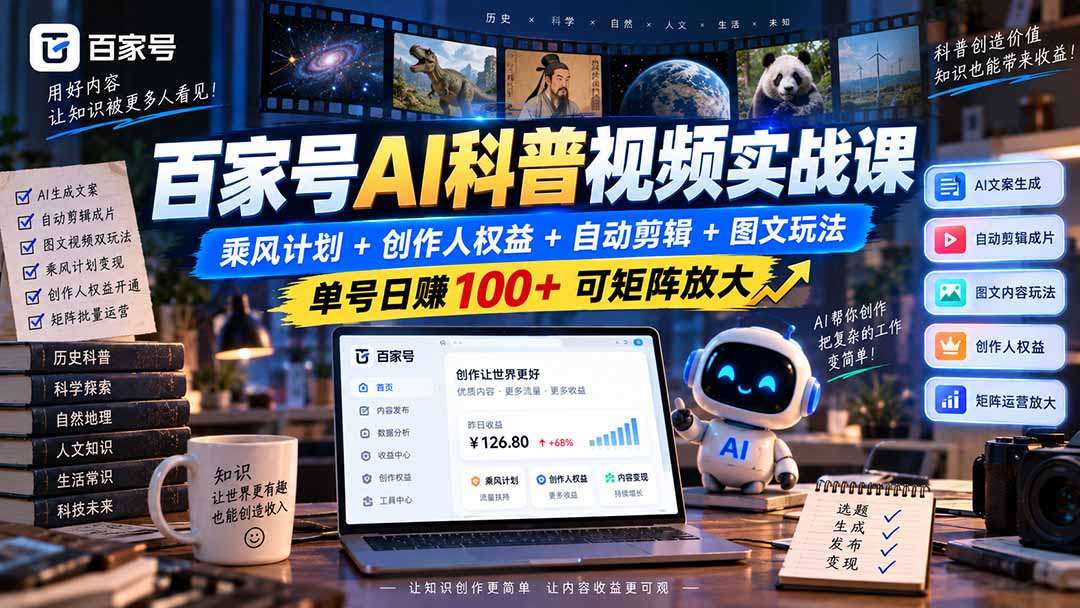 (20579期)百家号AI科普视频实战课:乘风计划+创作人权益+自动剪辑+图文玩法,单号日赚100+可矩阵放大