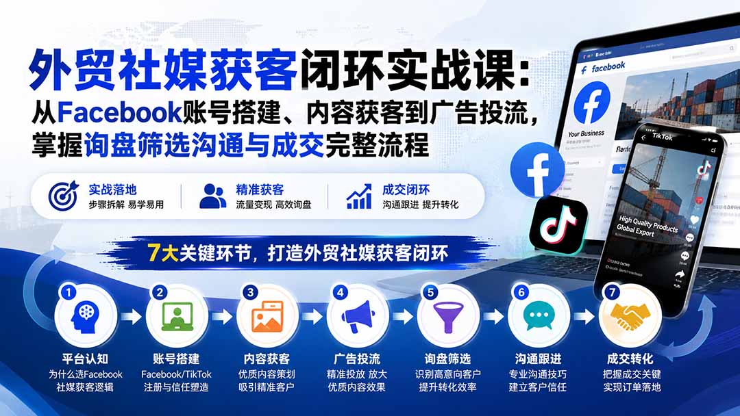 (20318期)外贸社媒获客闭环实战课:从Facebook账号搭建、内容获客到广告投流,掌握询盘筛选沟通与成交完整流程