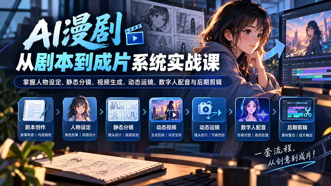 （20375期）AI漫剧从剧本到成片系统实战课：掌握人物设定、静态分镜、视频生成、动态运镜、数字人配音与后期剪辑