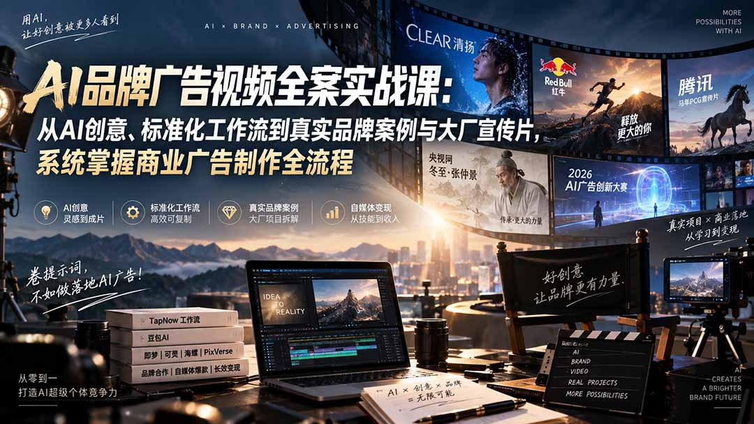 (20392期)AI品牌广告视频全案实战课:从AI创意、标准化工作流到真实品牌案例与大厂宣传片,系统掌握商业广告制作全流程