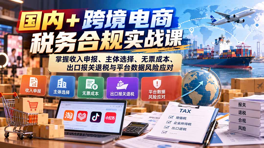 (20686期)国内+跨境电商税务合规实战课:掌握收入申报、主体选择、无票成本、出口报关退税与平台数据风险应对