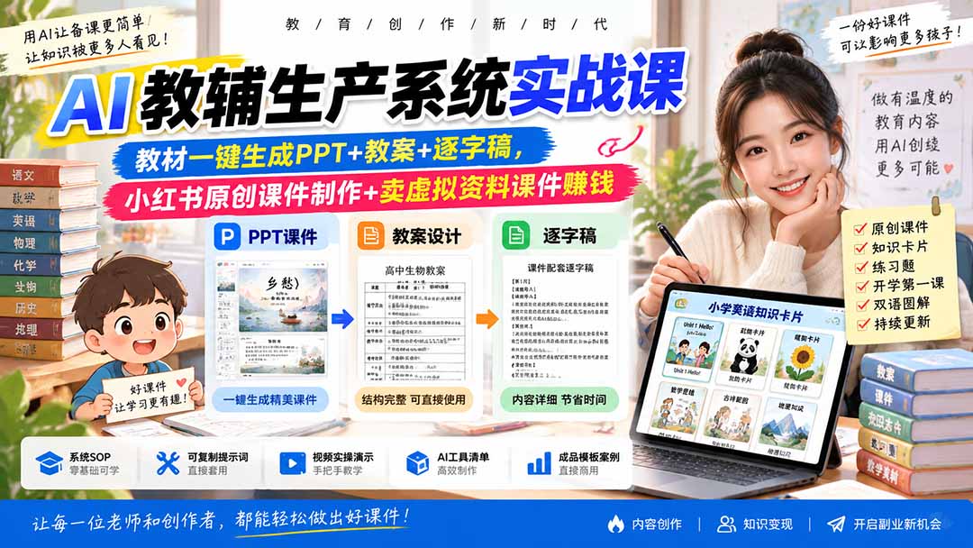 (20542期)AI教辅生产系统实战课|教材一键生成PPT+教案+逐字稿,小红书原创课件制作+卖虚拟资料课件赚钱