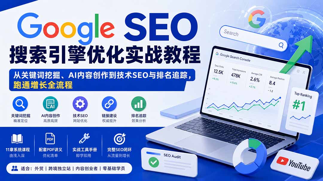 （20241期）Google SEO搜索引擎优化实战教程：从关键词挖掘、AI内容创作到技术SEO与排名追踪，跑通增长全流程