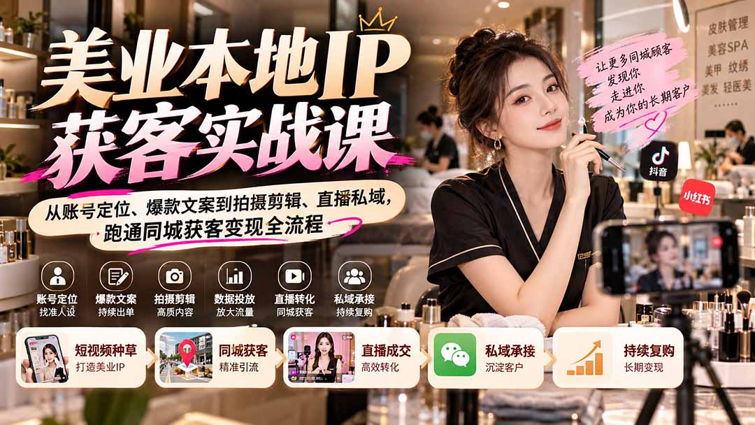 (20640期)【无水印】美业本地IP获客实战课:从账号定位、爆款文案到拍摄剪辑、直播私域,跑通同城获客变现全流程
