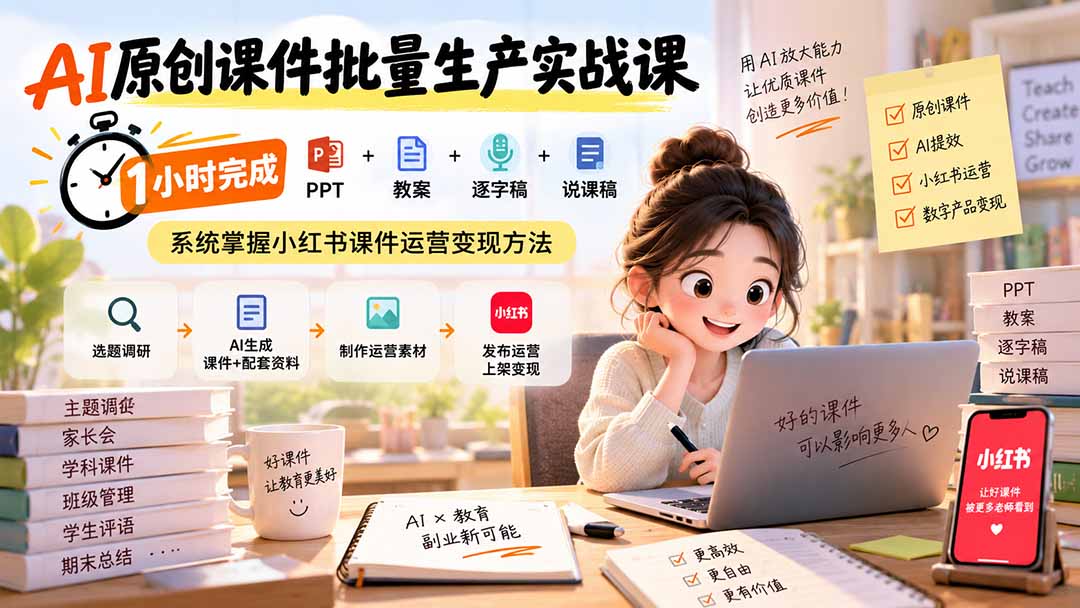 (20351期)AI原创课件批量生产实战课:1小时完成PPT+教案+逐字稿+说课稿,系统掌握小红书课件运营变现方法