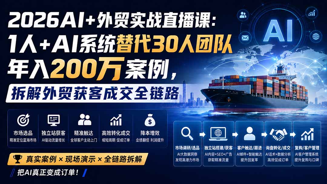 (20196期)2026AI+外贸实战直播课:1人+AI系统替代30人团队年入200万案例,拆解外贸获客成交全链路