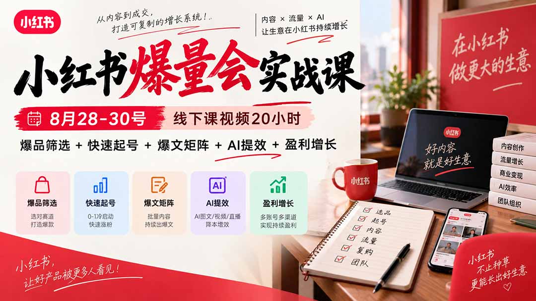(20617期)小红书爆量会实战课-更新9月23:线下课视频20小时,爆品筛选+快速起号+爆文矩阵+AI提效+盈利增长