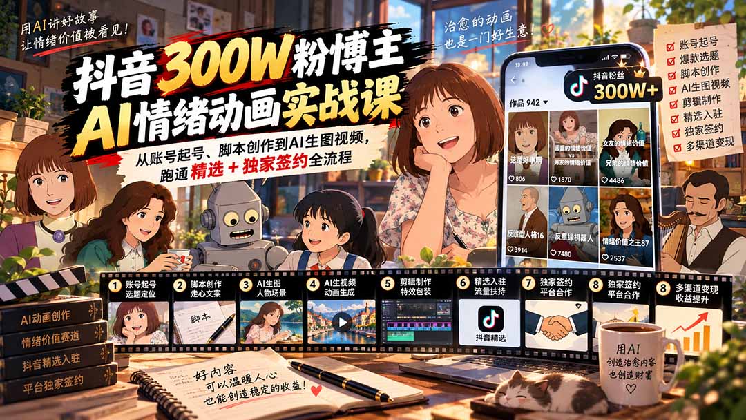 (20616期)抖音300W粉博主AI情绪动画实战课:从账号起号、脚本创作到AI生图视频,跑通精选+独家签约全流程