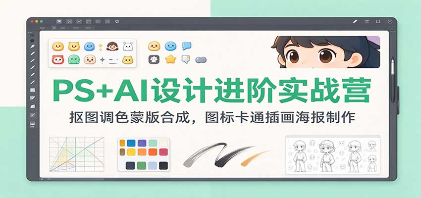 PS+AI设计进阶实战营:抠图调色蒙版合成,图标卡通插画海报制作