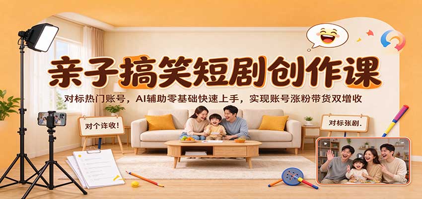 亲子搞笑短剧创作课:对标热门账号,AI辅助零基础快速上手,实现账号涨粉带货双增收