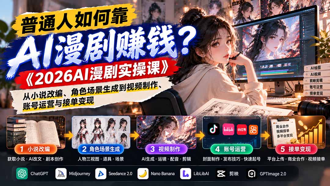 （21173期）普通人如何靠AI漫剧赚钱？《2026AI漫剧实操课》从小说改编、角色场景生成到视频制作、账号运营与接单变现