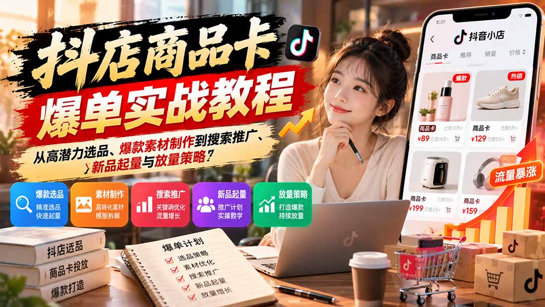 (21148期)抖店商品卡爆单实战教程:从高潜力选品、爆款素材制作到搜索推广、新品起量与放量策略