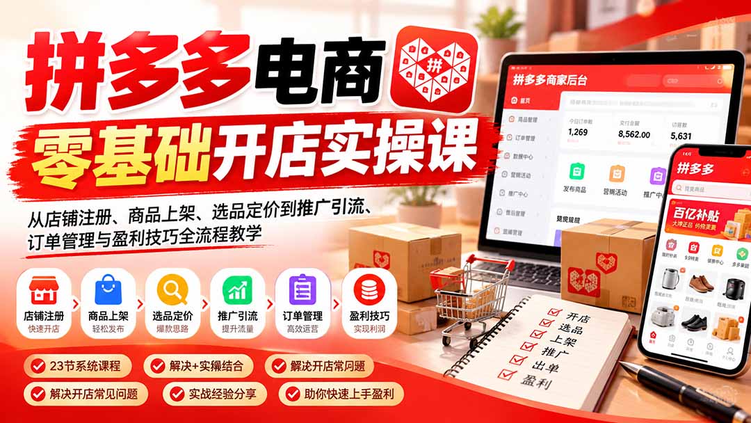 （21261期）拼多多电商零基础开店实操课：从店铺注册、商品上架、选品定价到推广引流、订单管理与盈利技巧全流程教学