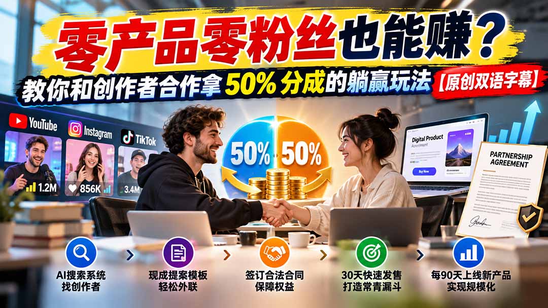 (20957期)零产品零粉丝也能赚?教你和创作者合作拿 50% 分成的躺赢玩法【原创双语字幕】