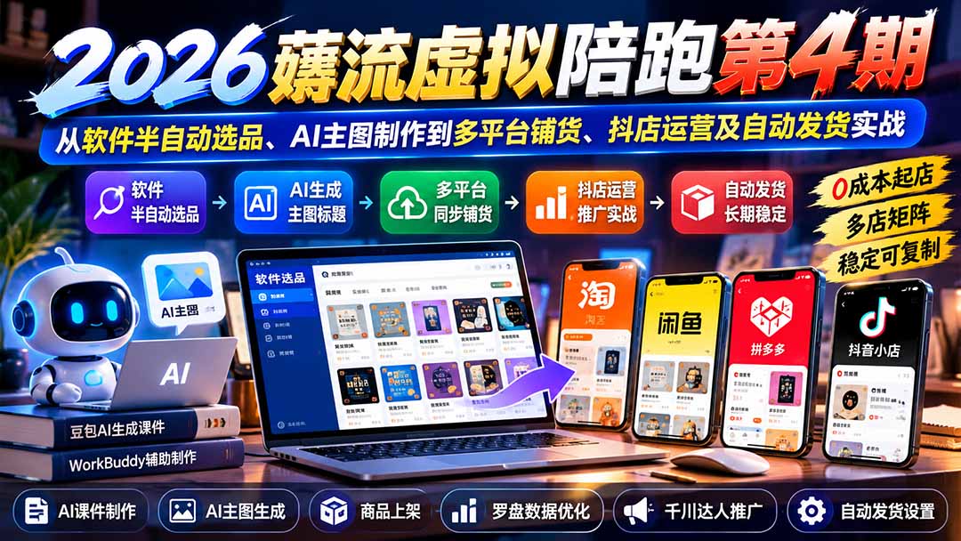 (20986期)2026薅流虚拟陪跑第4期:从软件半自动选品、AI主图制作到多平台铺货、抖店运营及自动发货实战