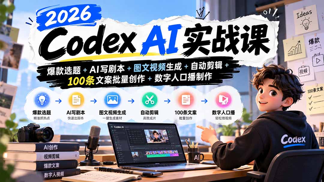 (20899期)2026Codex AI实战课:爆款选题+AI写剧本+图文视频生成+自动剪辑+100条文案批量创作+数字人口播制作