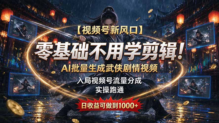 (20780期)【视频号新风口】零基础不用学剪辑!AI 批量生成武侠剧情视频,入局视频号流量分成,实操跑通,日收益可做到 1000+