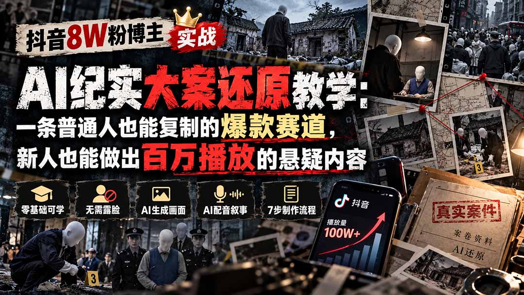 (20865期)抖音8W粉博主AI纪实大案还原教学:一条普通人也能复制的爆款赛道,新人也能做出百万播放的悬疑内容