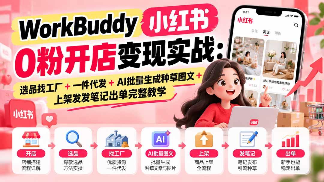 (20801期)WorkBuddy小红书0粉开店变现实战:选品找工厂+一件代发+AI批量生成种草图文+上架发发笔记出单完整教学