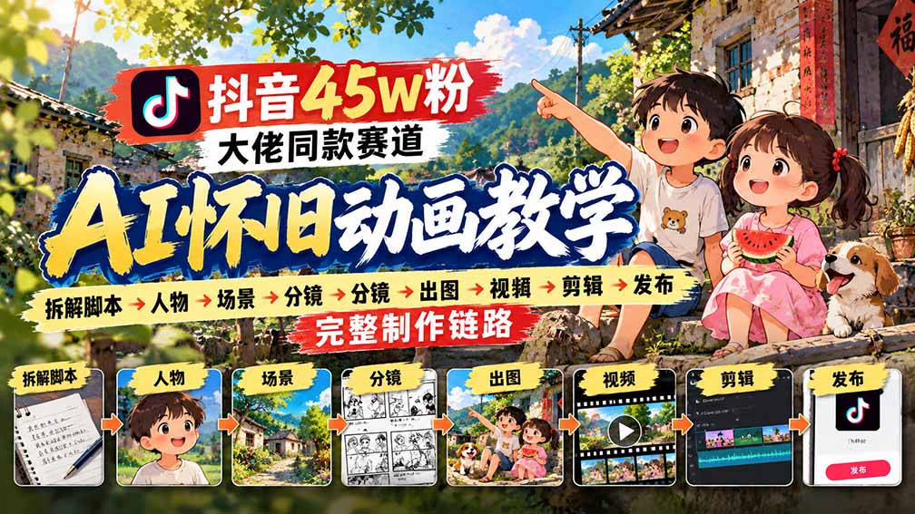 (20781期)抖音45W粉大佬同款赛道AI怀旧动画教学:拆解脚本→人物→场景→分镜→出图→视频→剪辑→发布完整制作链路
