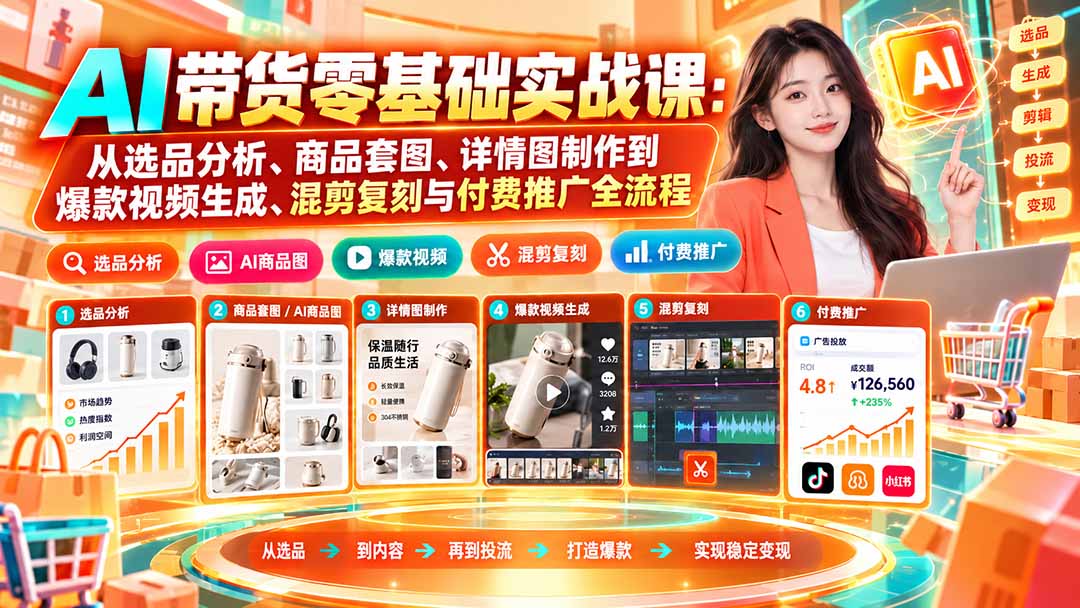 (20856期)AI带货零基础实战课:从选品分析、商品套图、详情图制作到爆款视频生成、混剪复刻与付费推广全流程