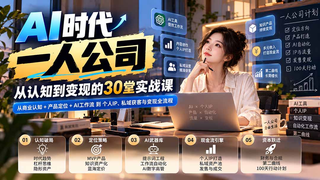 (20847期)【无水印】AI时代一人公司30堂实战课:从商业认知+产品定位+AI工作流到个人IP、私域获客与变现全流程