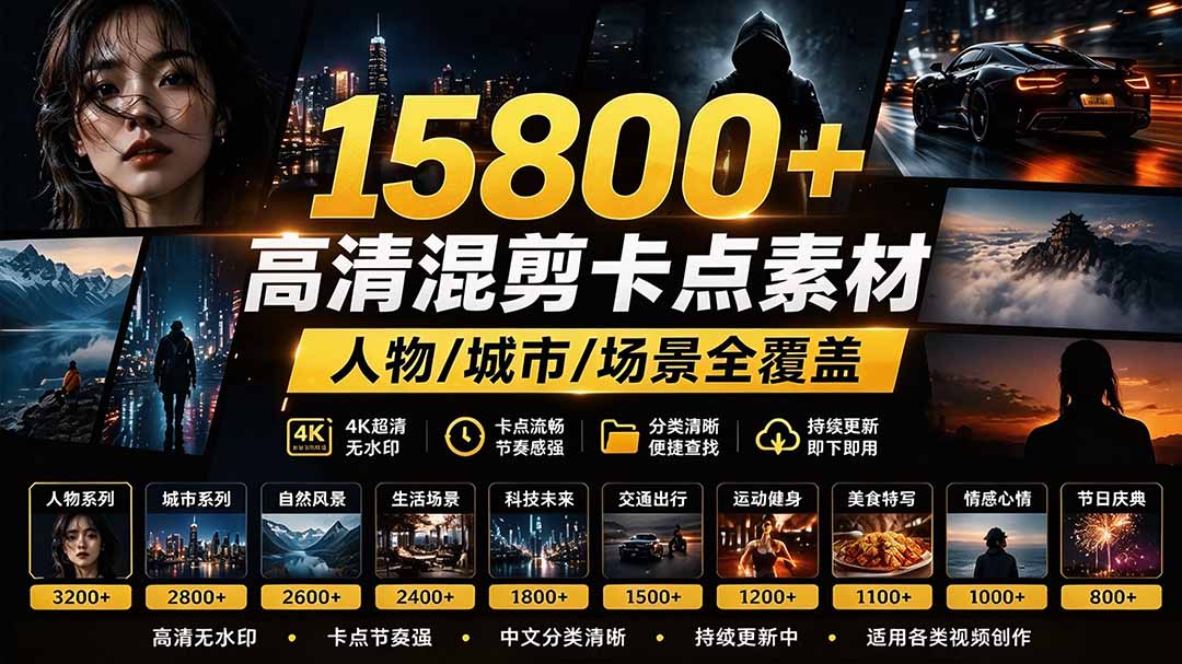 (21008期)【影视剪辑素材合集】15800+高清混剪卡点|热门影视精彩片段|人物/城市/场景全覆盖,中文分类清晰