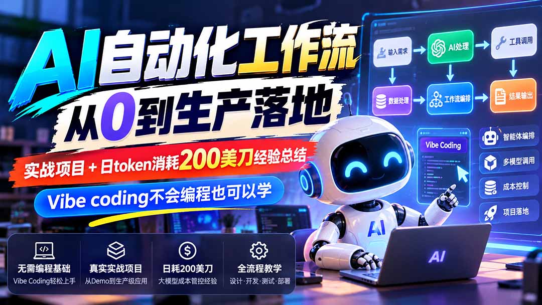 (20954期)【无水印】AI自动化工作流从0到生产落地,实战项目+日token消耗200美刀经验总结,Vibe coding不会编程也可以学