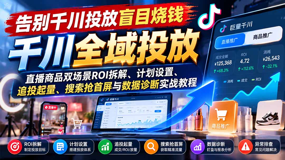 （21079期）告别千川投放盲目烧钱：直播商品双场景ROI拆解、计划设置、追投起量、搜索抢首屏与数据诊断实战教程