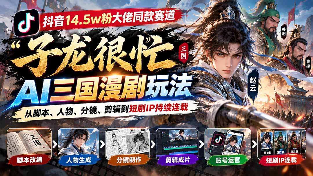 （20818期）抖音14.5w粉大佬同款赛道「子龙很忙」AI三国漫剧玩法：从脚本、人物、分镜、剪辑到短剧IP持续连载