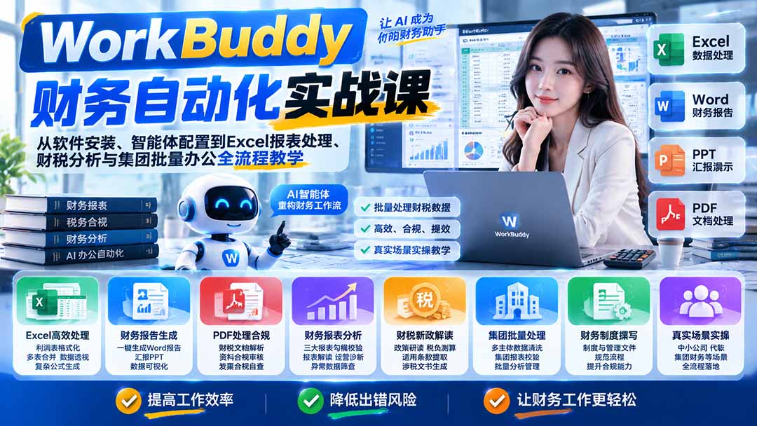 (21131期)WorkBuddy财务自动化实战课:从软件安装、智能体配置到Excel报表处理、财税分析与集团批量办公全流程教学