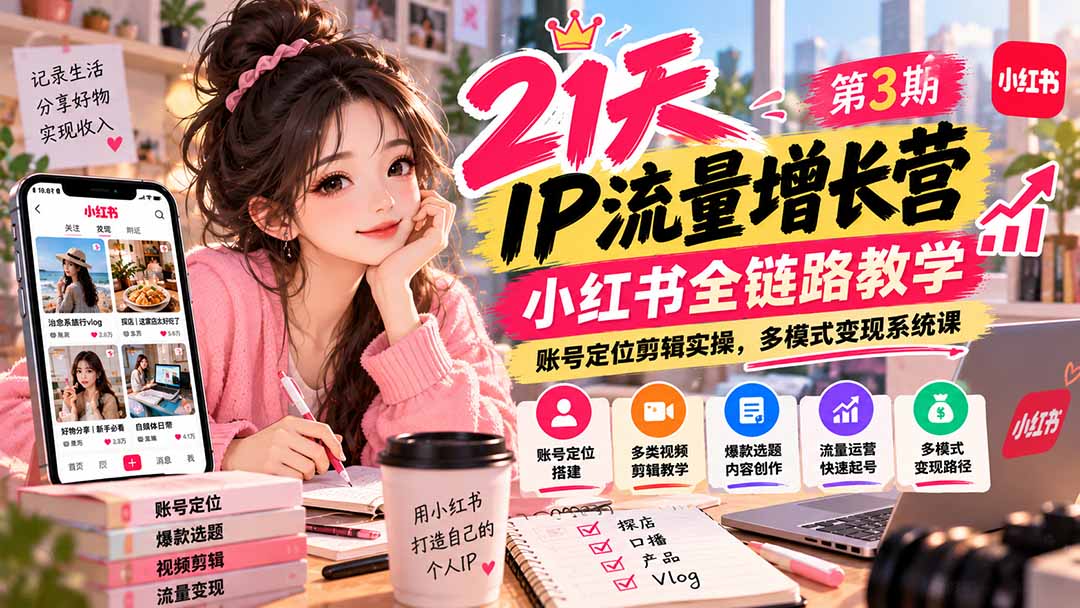 (20992期)【无水印】21天IP流量增长营-第3期,小红书全链路教学,账号定位剪辑实操,多模式变现系统课
