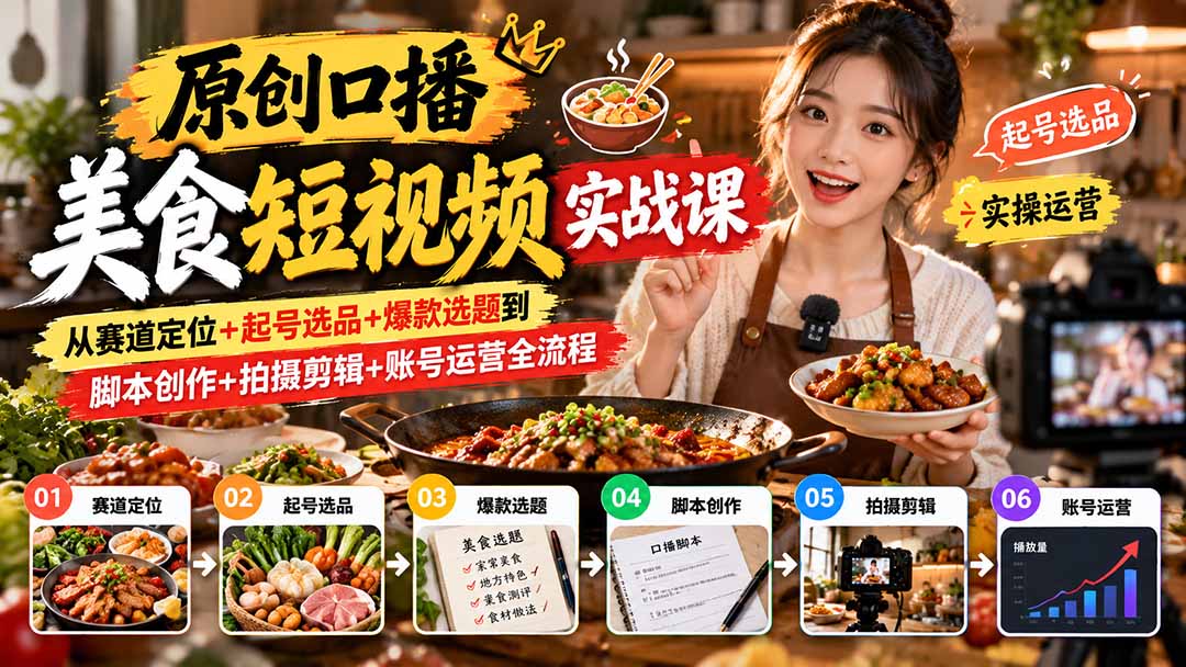 (20786期)原创口播美食短视频实战课:从赛道定位+起号选品+爆款选题到脚本创作+拍摄剪辑+账号运营全流程